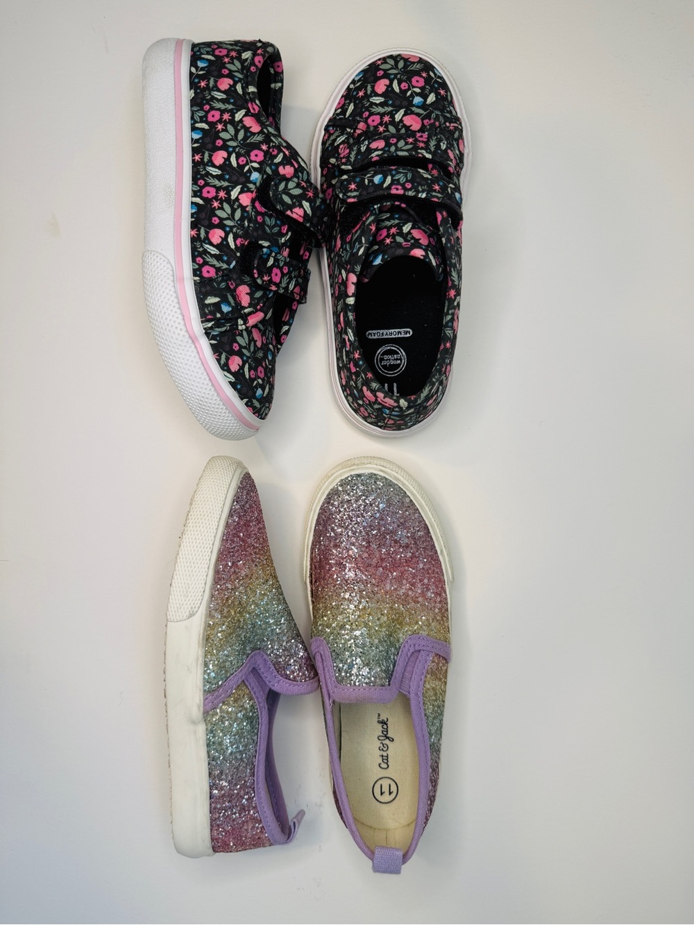 Girls Size 11 Shoes, 2 pairs- Wonder Nation Floral + Cat & Jack Glitter Sneakers